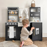 Tiny Land® Iconic Wooden Play Kitchen – Black Pretend Cooking Set for Kids