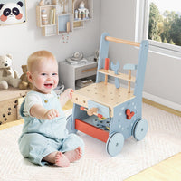 2-in-1 Toddler Wooden Baby Push Walker with Multi-Activity Center - Color: Blue