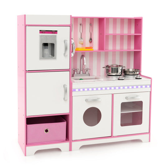 Kids Kitchen Playset Wooden Toy with Adjustable LED Lights and Washing Machine-Pink - BIG FRENCHIES
