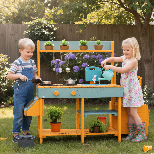 Costway Play Kitchen for Kids Wooden Toy Kitchen Playset Pretend Mud Kitchen-Yellow