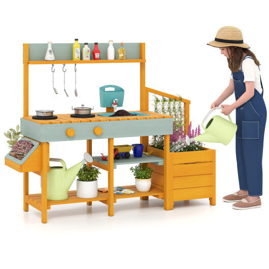 Costway Play Kitchen for Kids Wooden Toy Kitchen Playset Pretend Mud Kitchen-Yellow