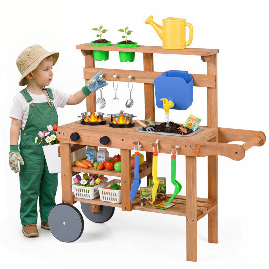 Kids Mud Kitchen with Water Tank and Sink and 15 Accessories for Ages 3+-Natural