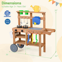 Kids Mud Kitchen with Water Tank and Sink and 15 Accessories for Ages 3+-Natural