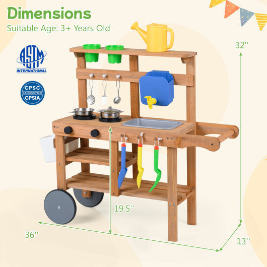 Kids Mud Kitchen with Water Tank and Sink and 15 Accessories for Ages 3+-Natural