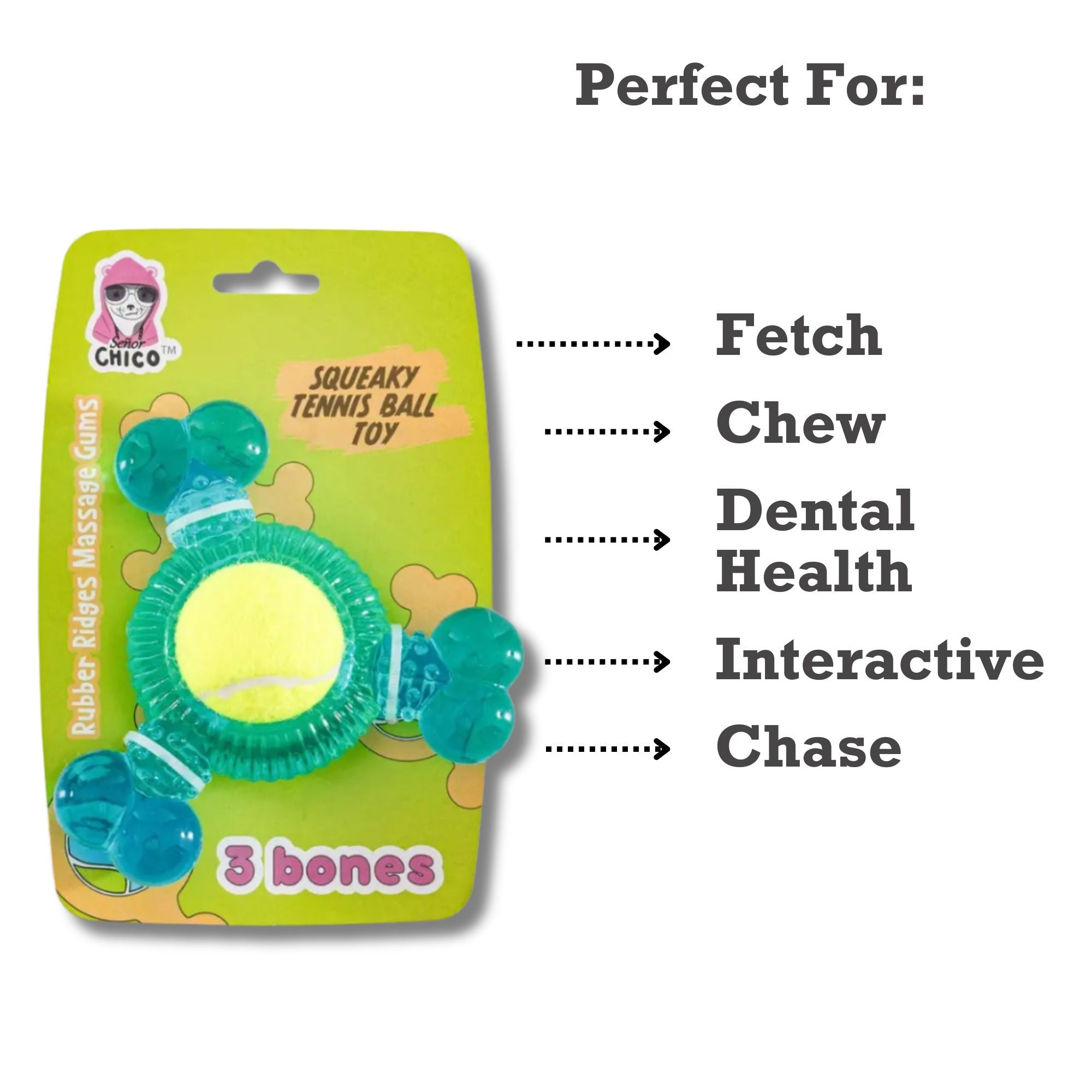 3-Bone TPR Chew Toy with Squeaker & Tennis Ball for Dogs – Removable Ball & Interactive Play - BIG FRENCHIES