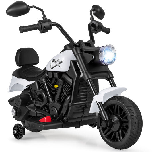 6V Kids Motorcycle with Headlight and Music and Training Wheels-White