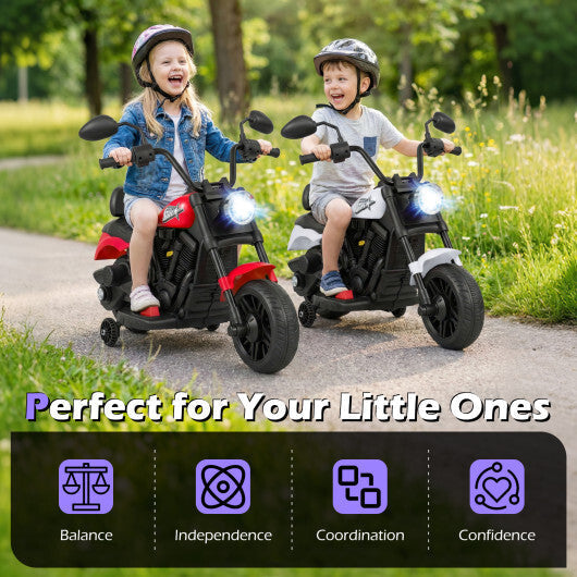 6V Kids Motorcycle with Headlight and Music and Training Wheels-White