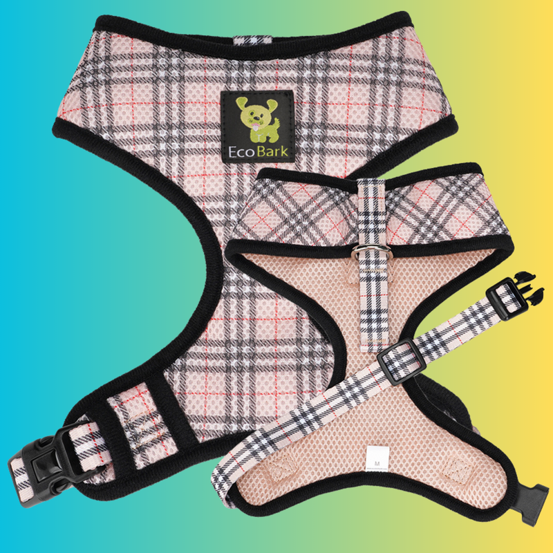 EcoBark Beige Plaid Dog Harness- Over-the-Head Dog Vest Halter for Small to Medium Dogs, and Puppies - BIG FRENCHIES