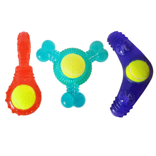 Tennis Ball Dog Toy Variety Pack (Boomerang, 3-Bone Squeaker, Orange Squeaker) - BIG FRENCHIES