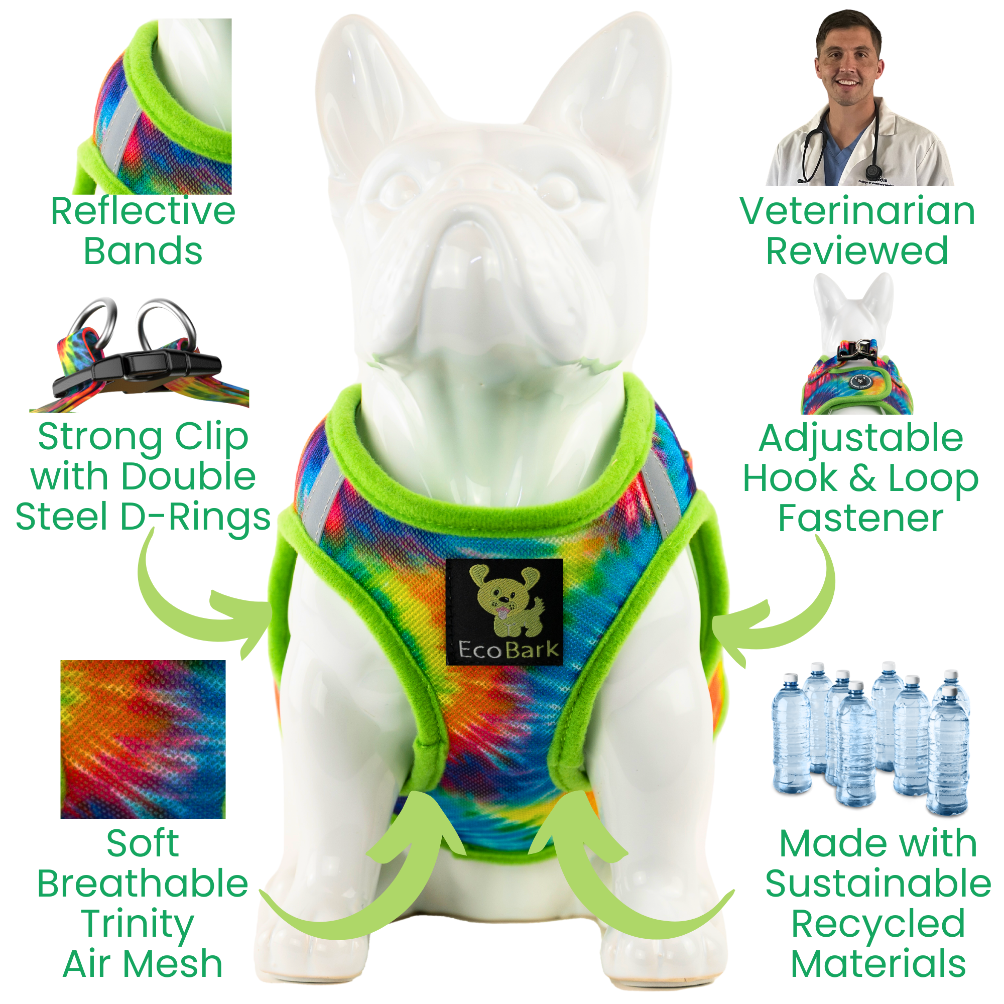 Tie Dye Dog Harness for Small Dogs- Reflective Step In Dog Halter Harness Vest with Luxury Soft Mesh for Puppies to Small Dogs - BIG FRENCHIES
