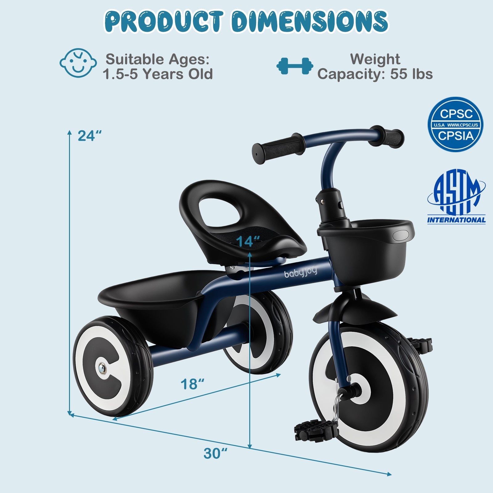 Toddler Tricycle with Adjustable Seat and Storage Baskets for 1.5-5 Years Old