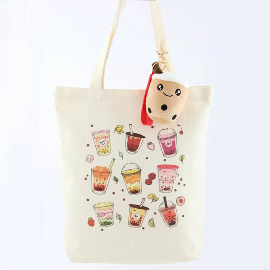 Boba Tea Tote Bag – Cream Canvas with Keychain & Enamel Pin - BIG FRENCHIES