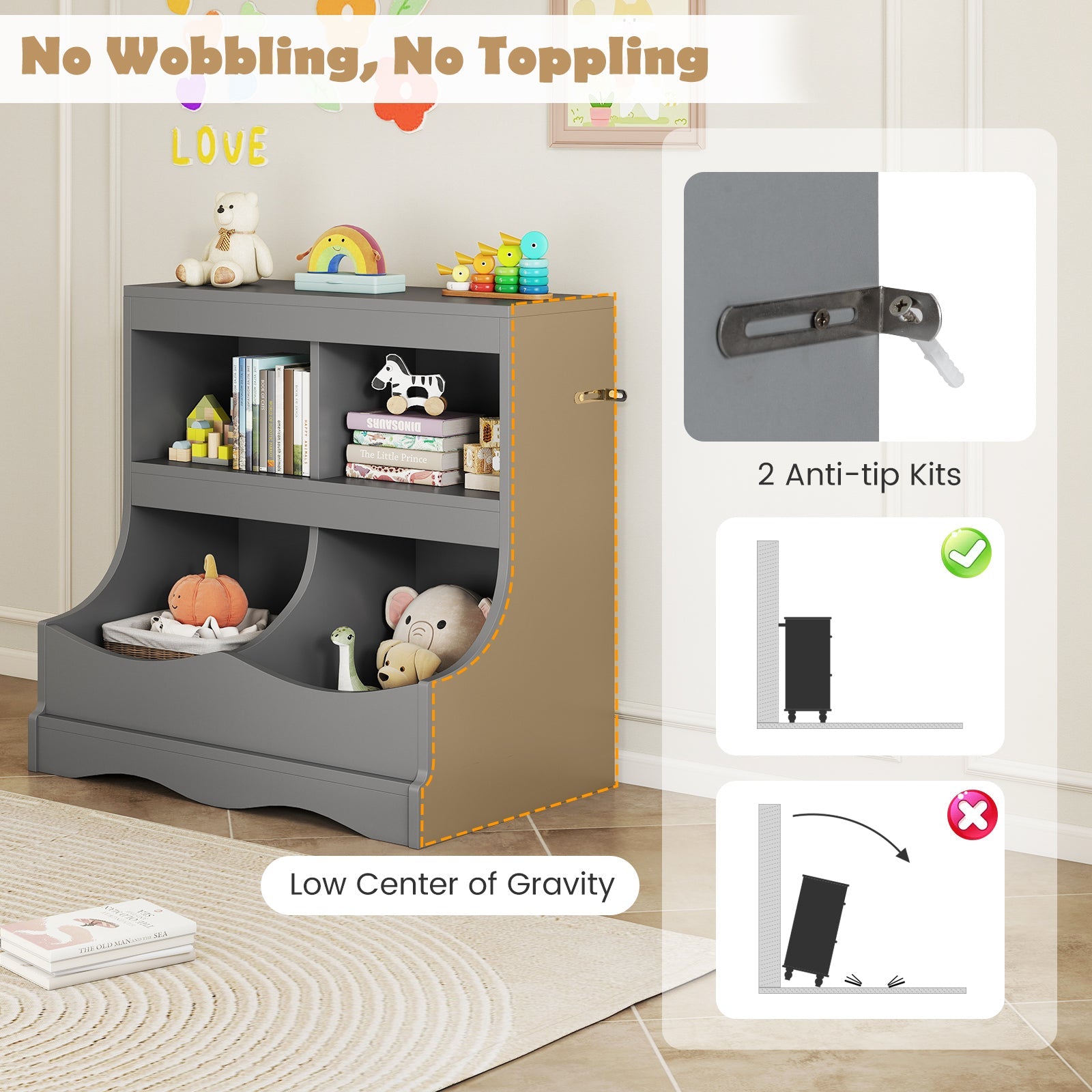 Toy Storage Organizer 4-Cubby Kids Bookcase for Toys and Books