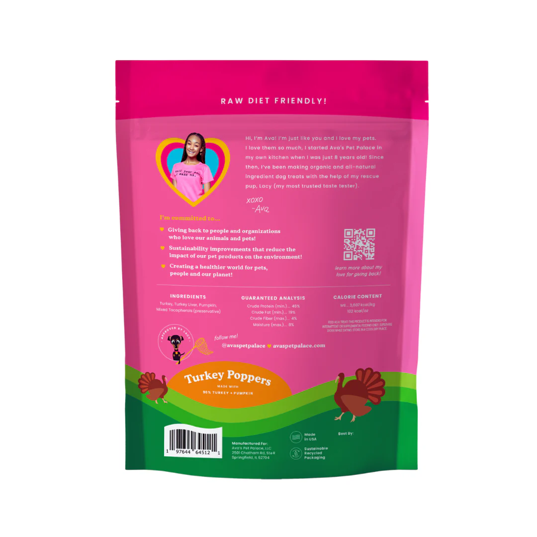 Ava's Pet Palace Freeze Dried Dog Treats - Turkey Poppers (3oz) - BIG FRENCHIES