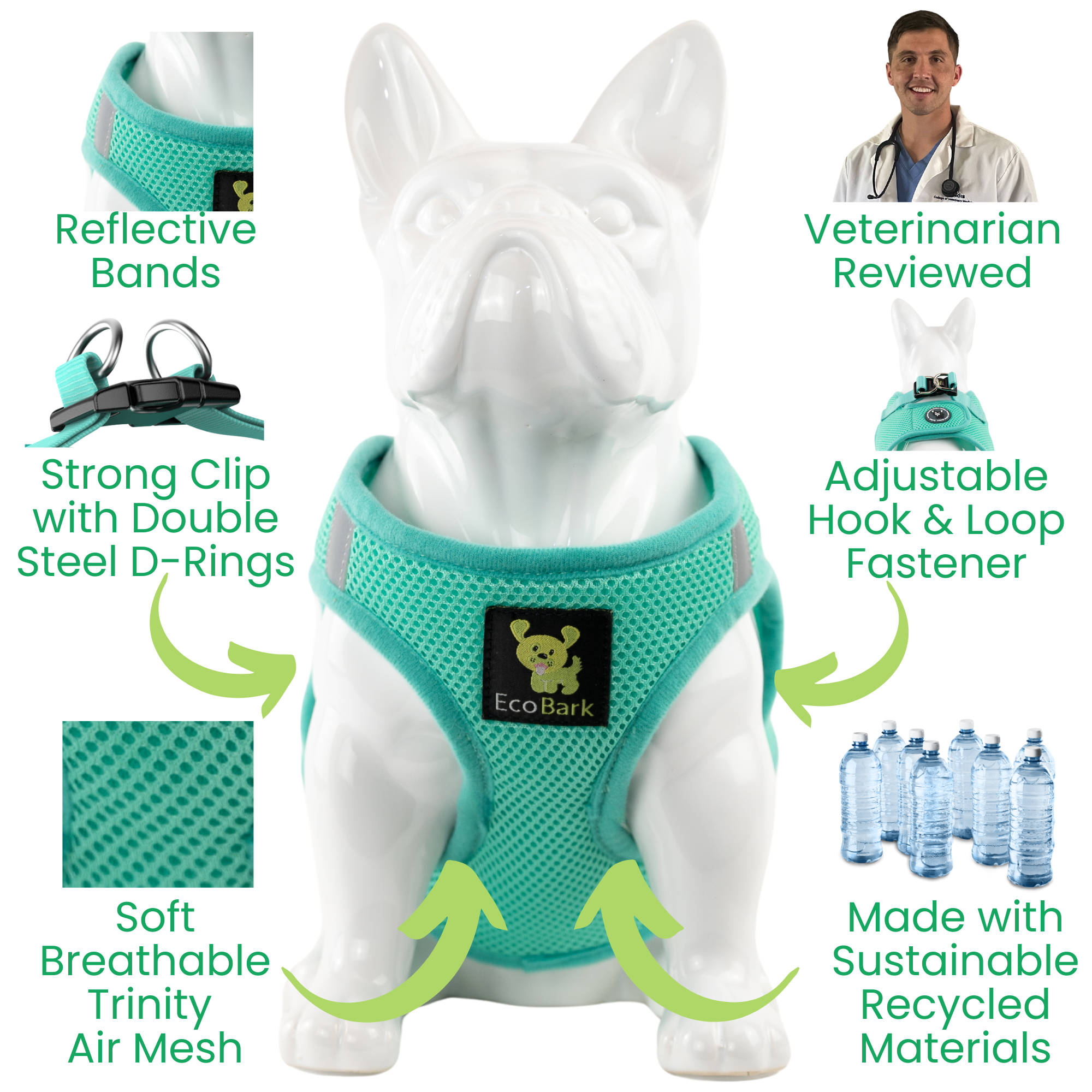 EcoBark Mint Turquoise Step In Dog Harness - Rapid Fastener Reflective Soft Mesh Vest Halter for Puppies and Small Dogs - BIG FRENCHIES
