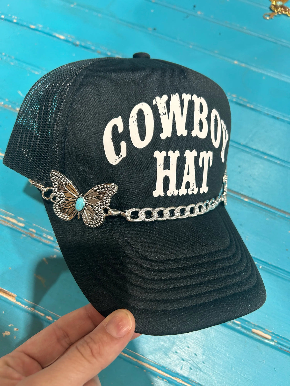 Turquoise Embossed Butterfly Trucker Hat Chain - BIG FRENCHIES