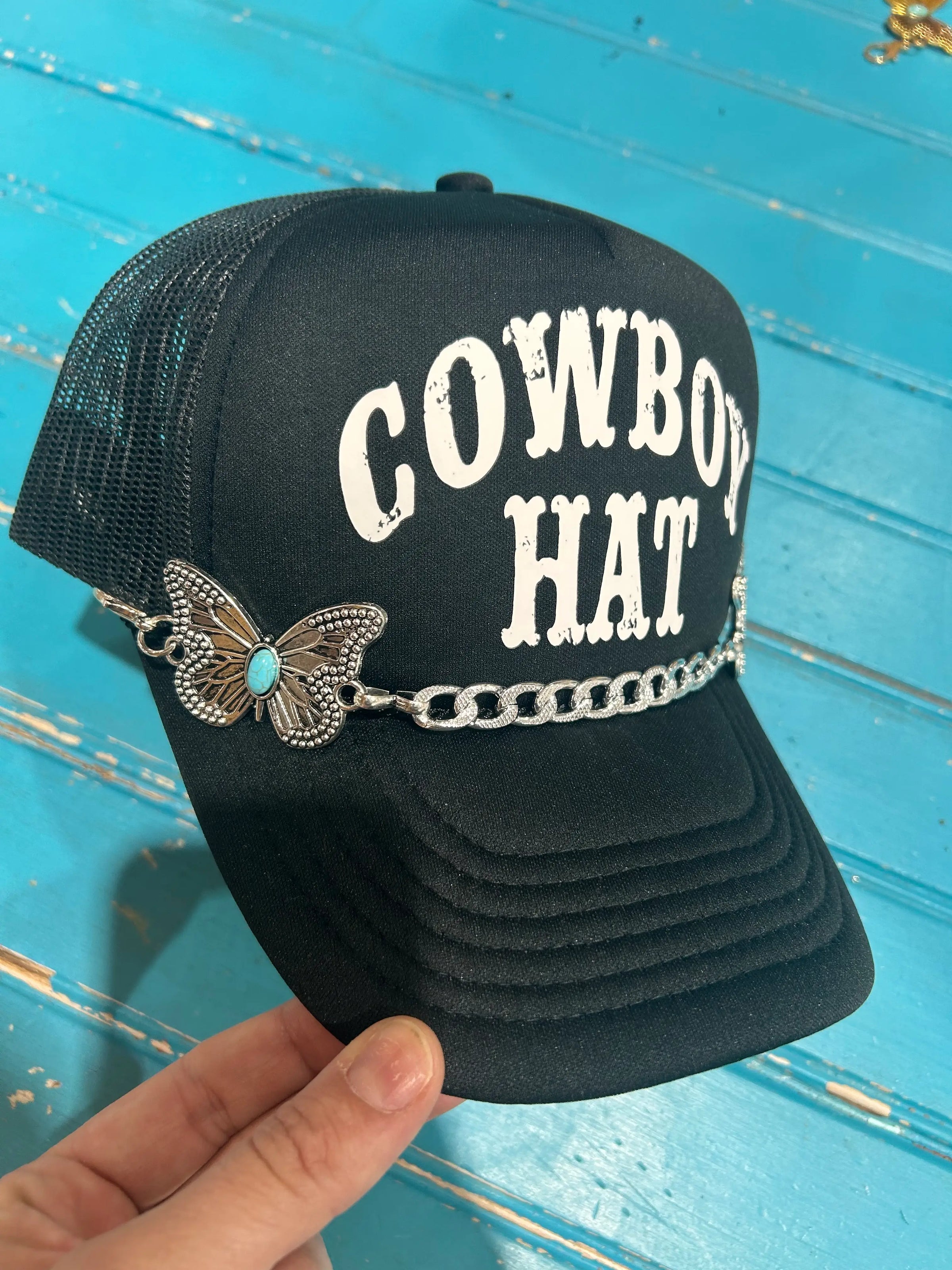 Turquoise Embossed Butterfly Trucker Hat Chain - BIG FRENCHIES
