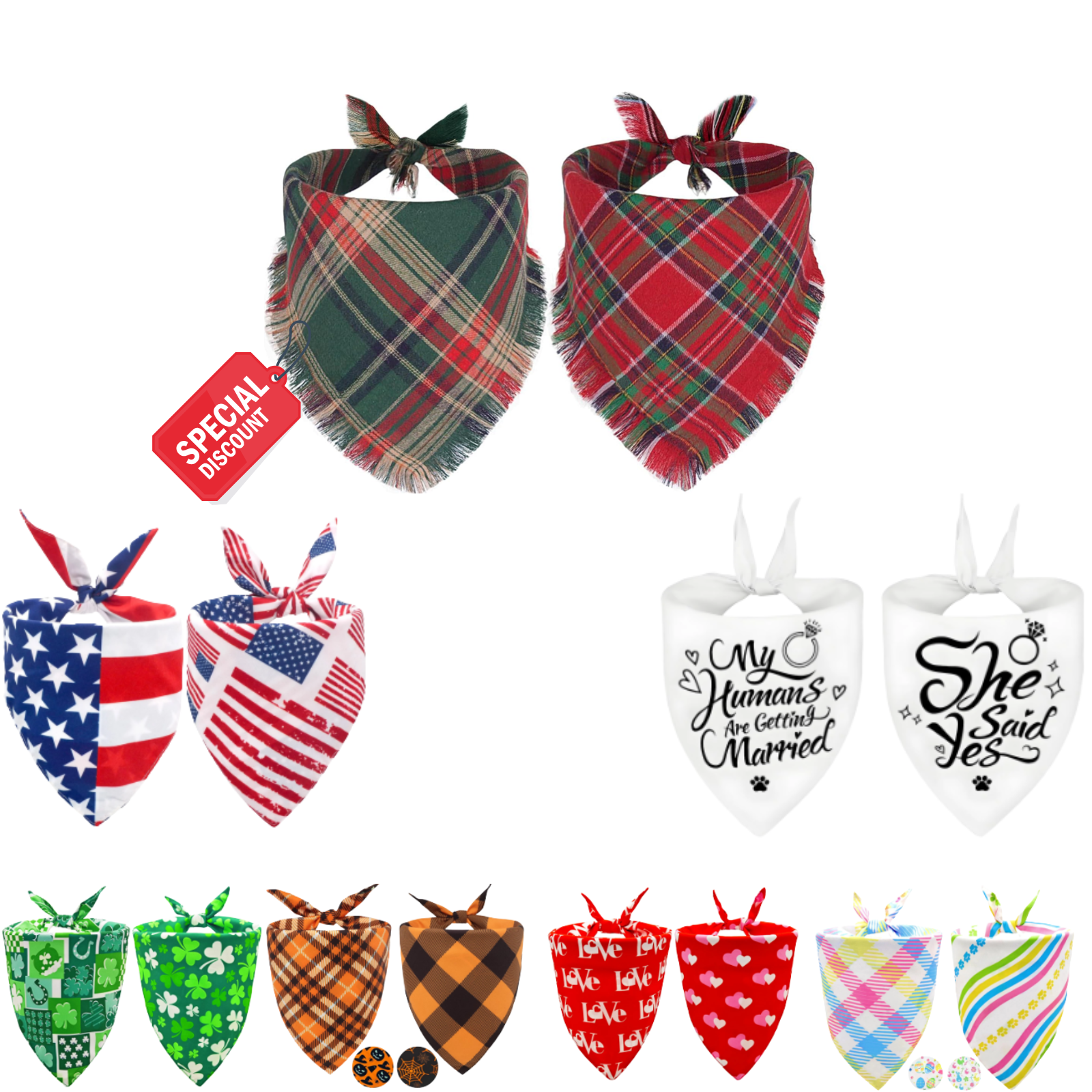 2PCS Christmas Dog Bandanas – Red and Green Plaid with Tassels - BIG FRENCHIES