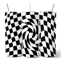 Black and White Checkerboard Swirl 20oz Personalized Tumbler With Lid and Stainless Steel Straw, Retro Optical Illusion Gift Cup