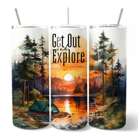 Get Out and Explore 20oz Personalized Tumbler With Lid and Stainless Steel Straw, Forest Camping Adventure Gift Cup