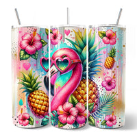 Tropical Flamingo Pineapple Hibiscus 20oz Personalized Tumbler With Lid and Stainless Steel Straw, Colorful Summer Bird Gift Cup