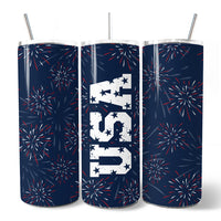 Vintage USA Block Letters 20oz Personalized Tumbler With Lid and Stainless Steel Straw, Patriotic Fireworks for Independence Day Gift Cup