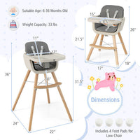 Babyjoy 3 in 1 Convertible Wooden High Chair Toddler Feeding Chair with Cushion Dark Grey