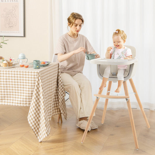 Babyjoy 3 in 1 Convertible Wooden High Chair Toddler Feeding Chair with Cushion Beige