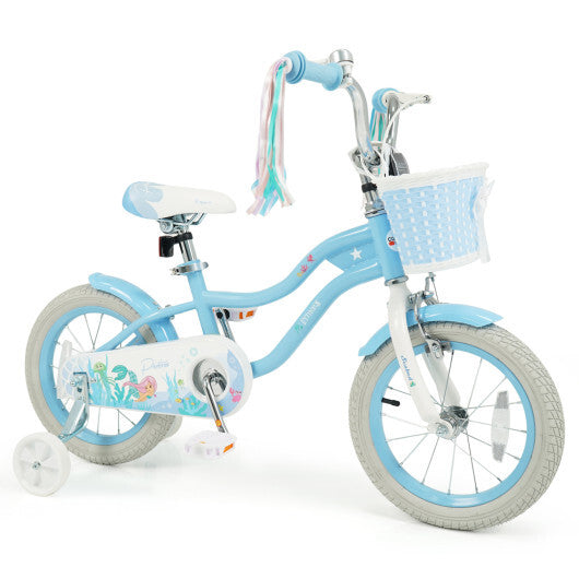 Costway 14 Inch Kids Bike Adjustable with Basket and Streamers Blue for Kids Aged 3-5 Years Old - Princess of the Sea Theme