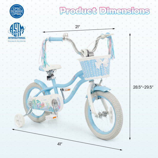 Costway 14 Inch Kids Bike Adjustable with Basket and Streamers Blue for Kids Aged 3-5 Years Old - Princess of the Sea Theme