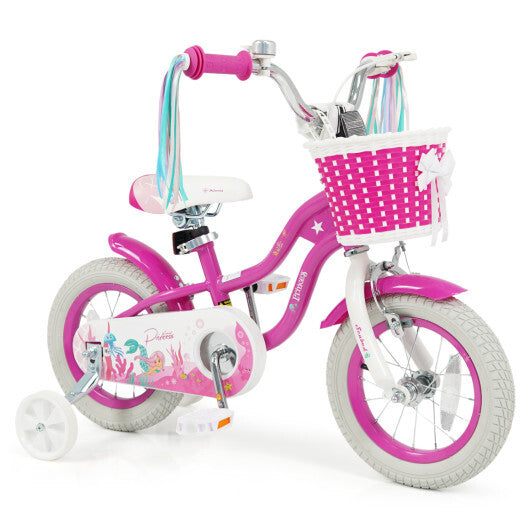 Costway 12-Inch Kids Bike Adjustable with Basket and Streamers Rose Red - Princess of the Sea Theme