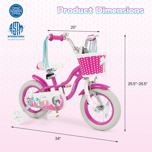 Costway 12-Inch Kids Bike Adjustable with Basket and Streamers Rose Red - Princess of the Sea Theme