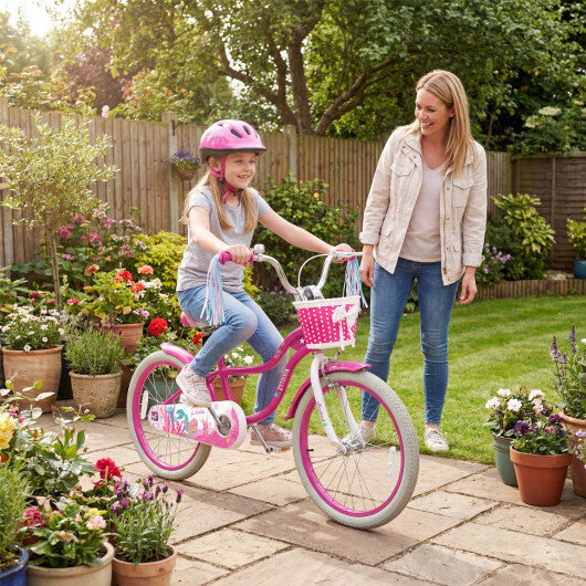 Costway 20 Inch Kids Bike Adjustable with Basket and Streamers Rose Red - Princess of the Sea Theme
