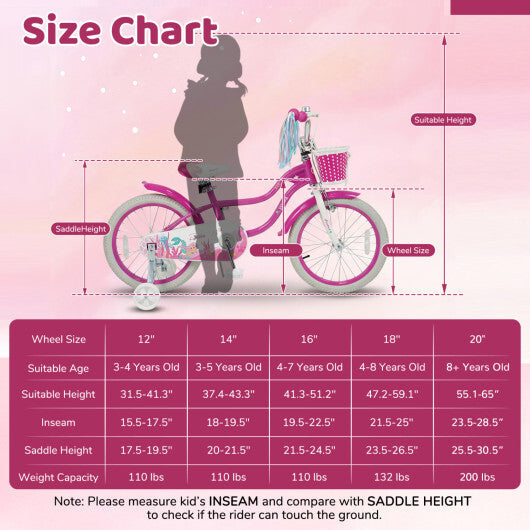 Costway 20 Inch Kids Bike Adjustable with Basket and Streamers Rose Red - Princess of the Sea Theme