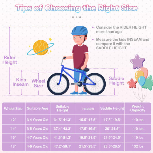 Costway 16 Inch Kids Bike Adjustable with Basket and Streamers Purple - Princess of the Sea Theme