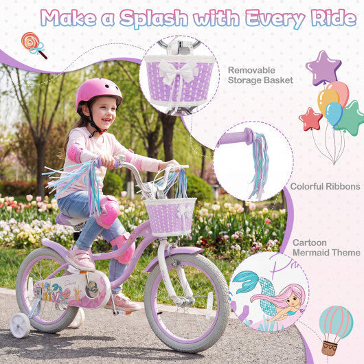 Costway 16 Inch Kids Bike Adjustable with Basket and Streamers Purple - Princess of the Sea Theme