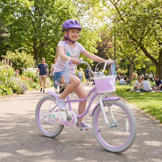 Costway 20 Inch Kids Bike Adjustable with Basket and Streamers Purple - Princess of the Sea Theme