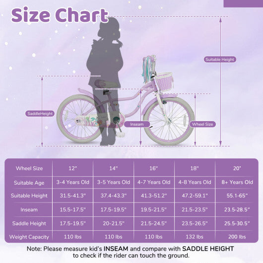 Costway 20 Inch Kids Bike Adjustable with Basket and Streamers Purple - Princess of the Sea Theme
