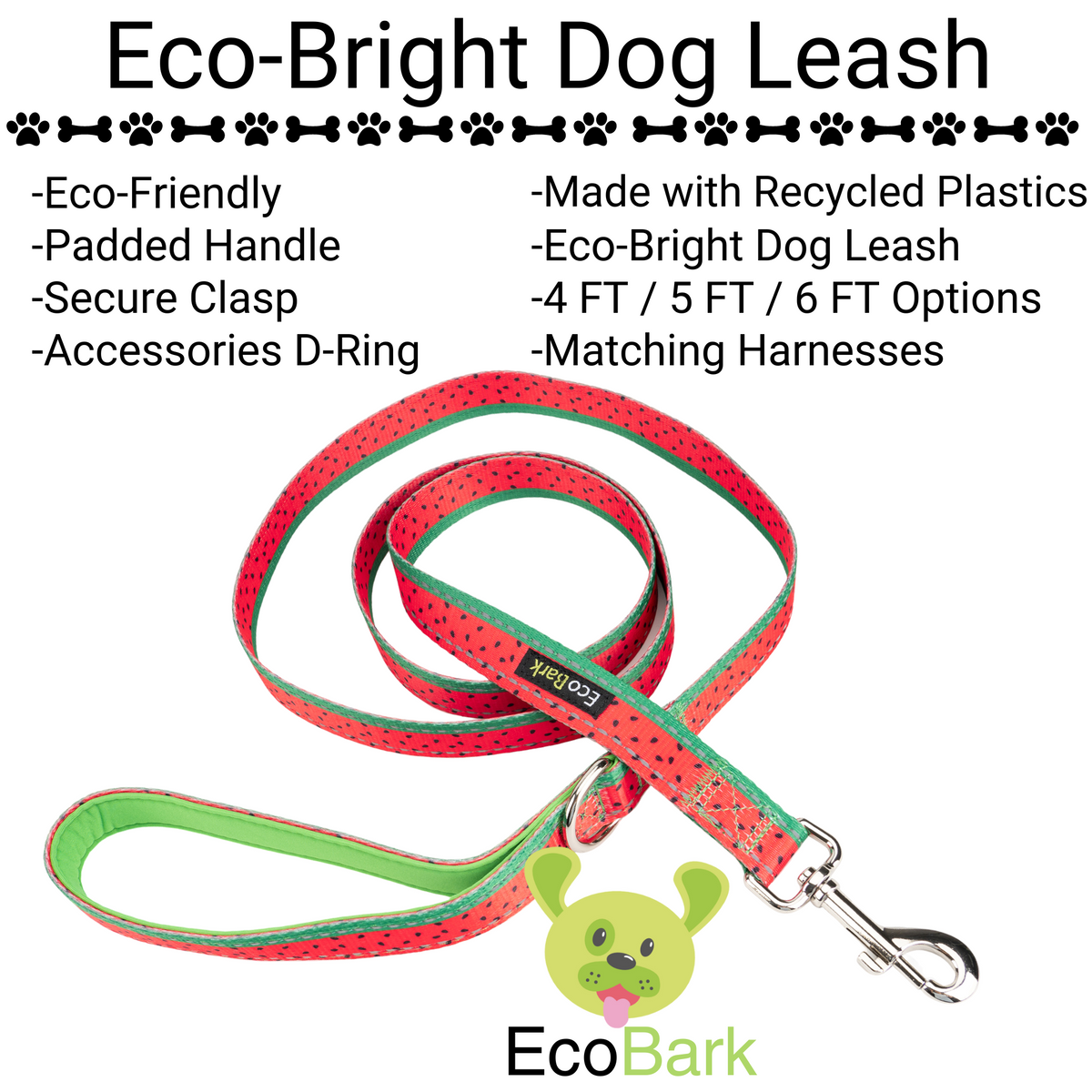 EcoBark Watermelon Dog Leash- Padded Comfort Grip Leash - 4ft, 5ft, and 6ft Leash for Small and Medium Dogs - BIG FRENCHIES
