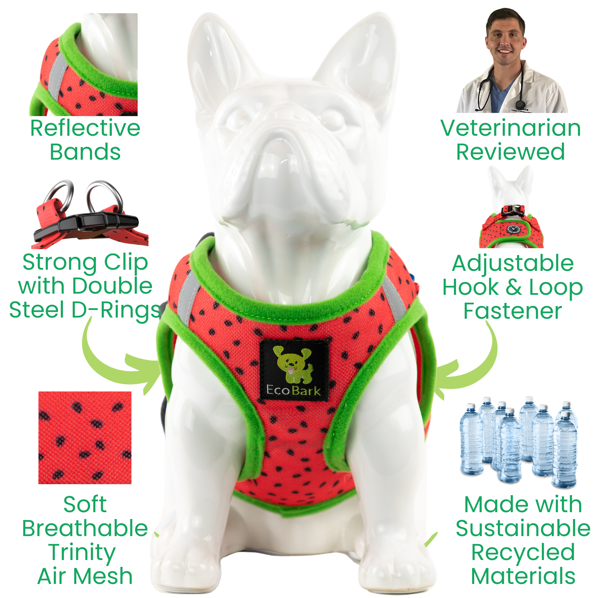 EcoBark Watermelon Step In Dog Harness - Rapid Fastener Reflective Soft Mesh Dog Vest Halter for XXXS to Small Dogs and Puppies - BIG FRENCHIES