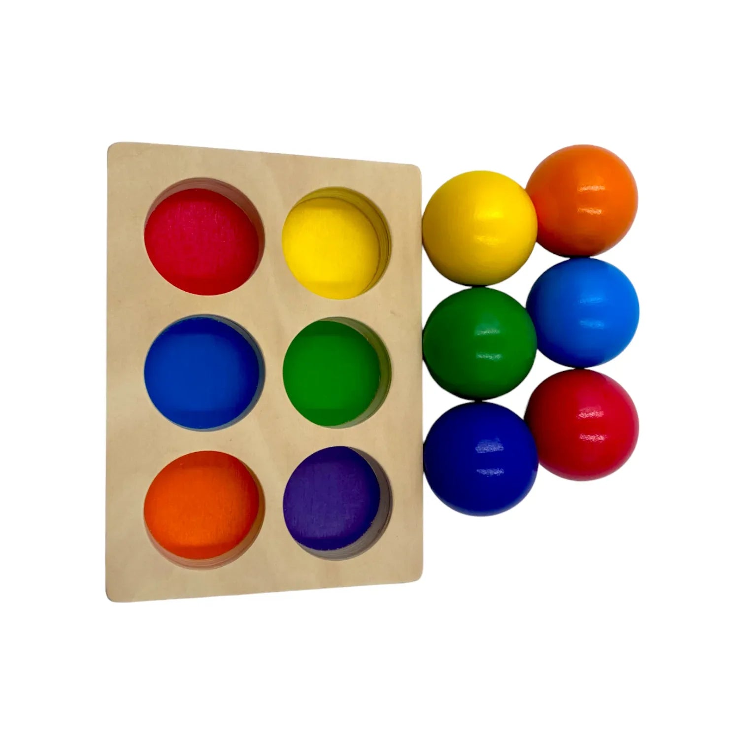 6-Piece Rainbow Wooden Balls with Sorting Tray – Primary Colors | 1.8" Diameter - BIG FRENCHIES