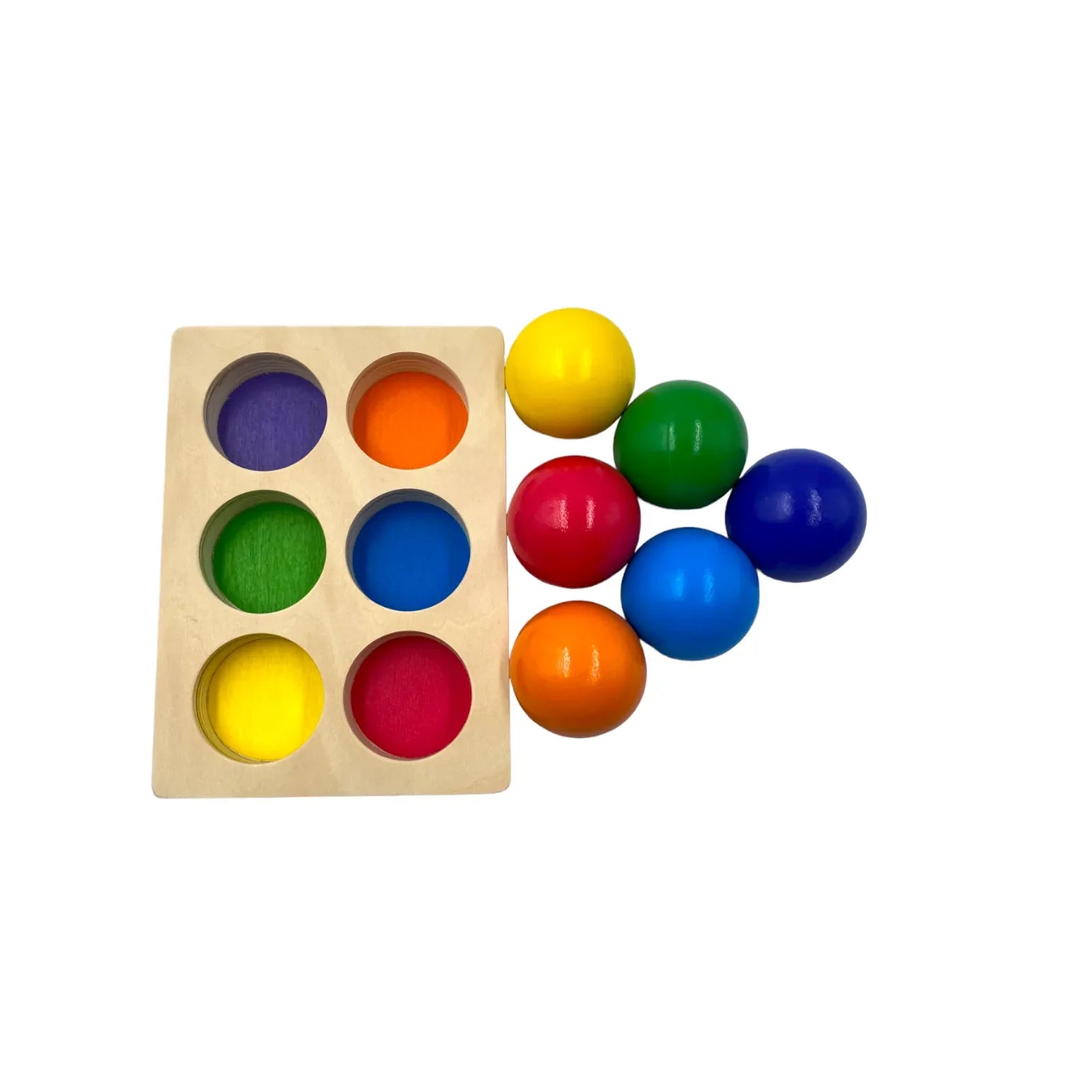 6-Piece Rainbow Wooden Balls with Sorting Tray – Primary Colors | 1.8" Diameter - BIG FRENCHIES