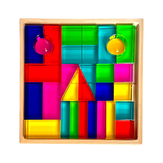 28 Pcs Rainbow Translucent Acrylic Sensory Building Blocks with Storage Tray - BIG FRENCHIES