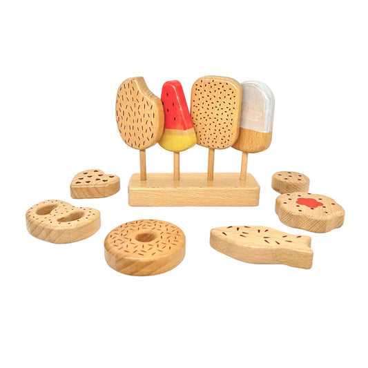 10-Piece Wooden Popsicle & Pastry Pretend Play Set | Ice Cream & Cookies Shop - BIG FRENCHIES