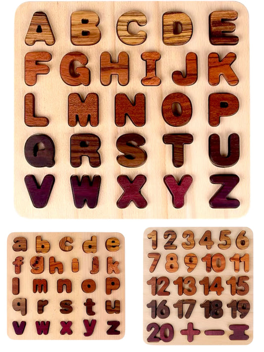 Natural Wooden Alphabet & Numbers Puzzle – Uppercase, Lowercase & Math Options - BIG FRENCHIES