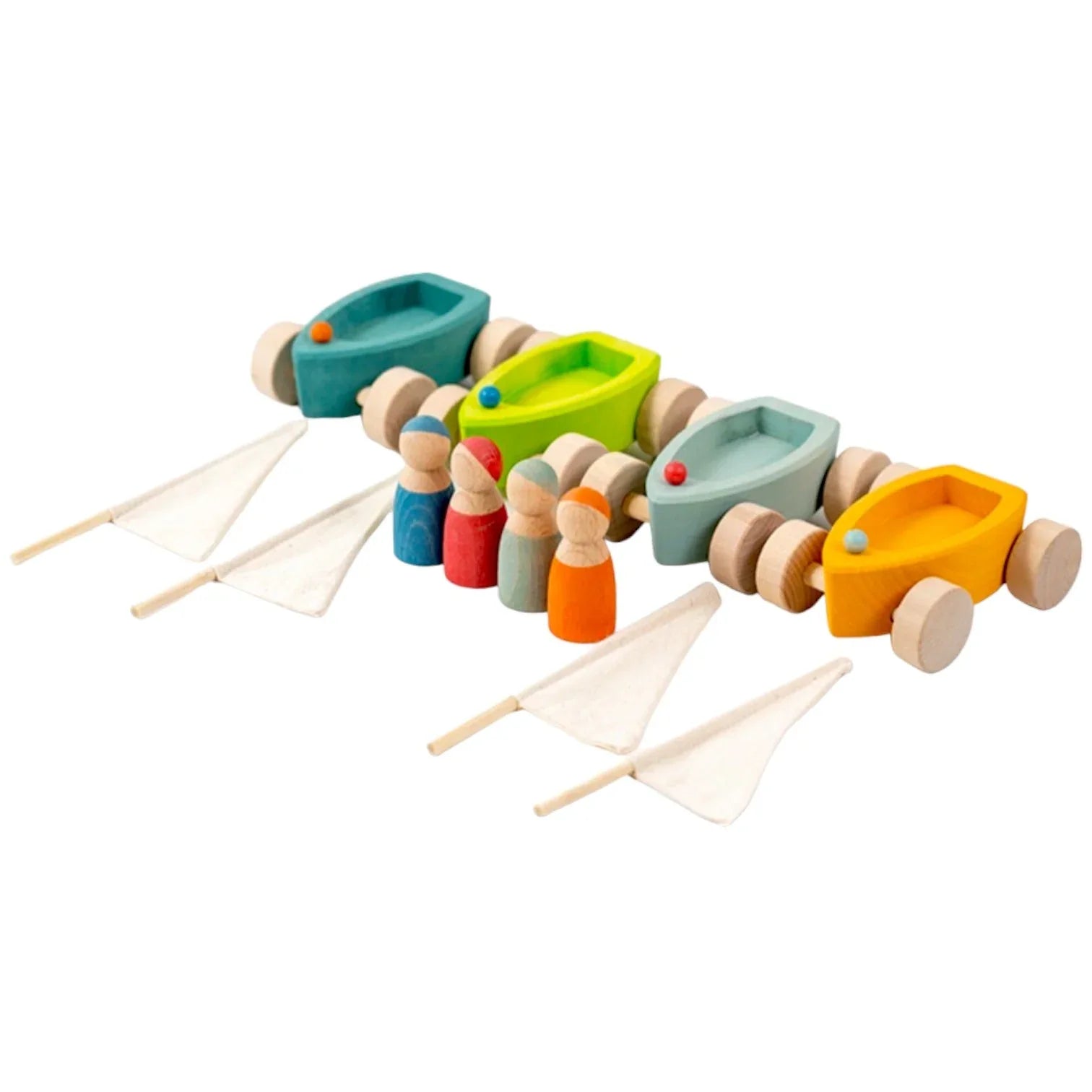 4 Pcs STAINED Wooden Land Yachts Set with 4 Peg Dolls - BIG FRENCHIES