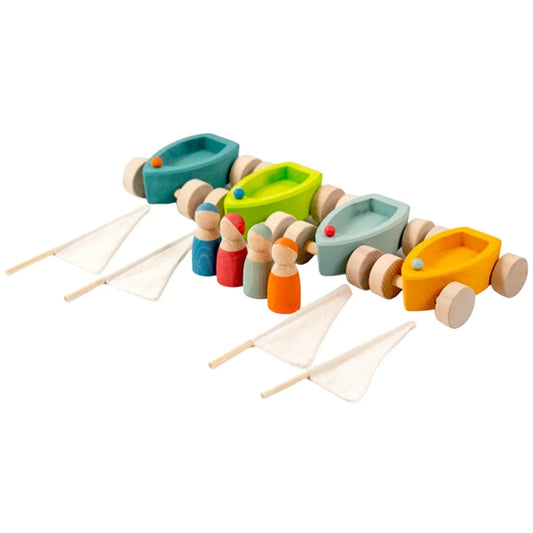 4 Pcs STAINED Wooden Land Yachts Set with 4 Peg Dolls - BIG FRENCHIES