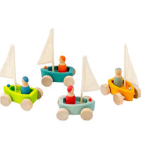 4 Pcs STAINED Wooden Land Yachts Set with 4 Peg Dolls - BIG FRENCHIES