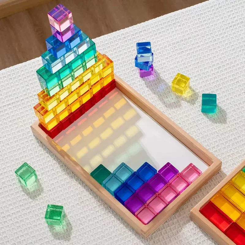 60 Pcs Crystal Clear High Transparency Lucite Cubes Set with Wooden Tray – Rainbow or Pastel Colors - BIG FRENCHIES