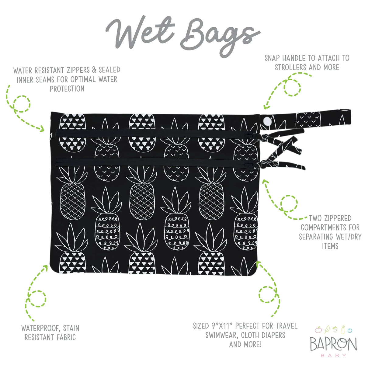 Pineapple Monochrome - Waterproof Wet Bag (For mealtime, on-the-go, and more!) - BIG FRENCHIES